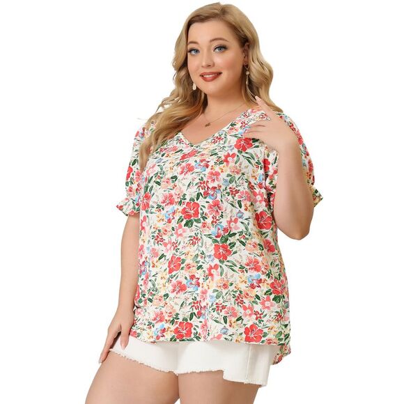 Plus Size Floral V Neck Ruffle Short Sleeve Chic Summer Tops White - Picture 4 of 8